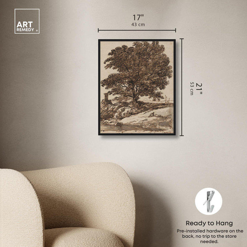 «Seacoast with a Great Tree Canvas Vintage Landscape» par , H 21 po x l 17 po, Cadre flottant noir