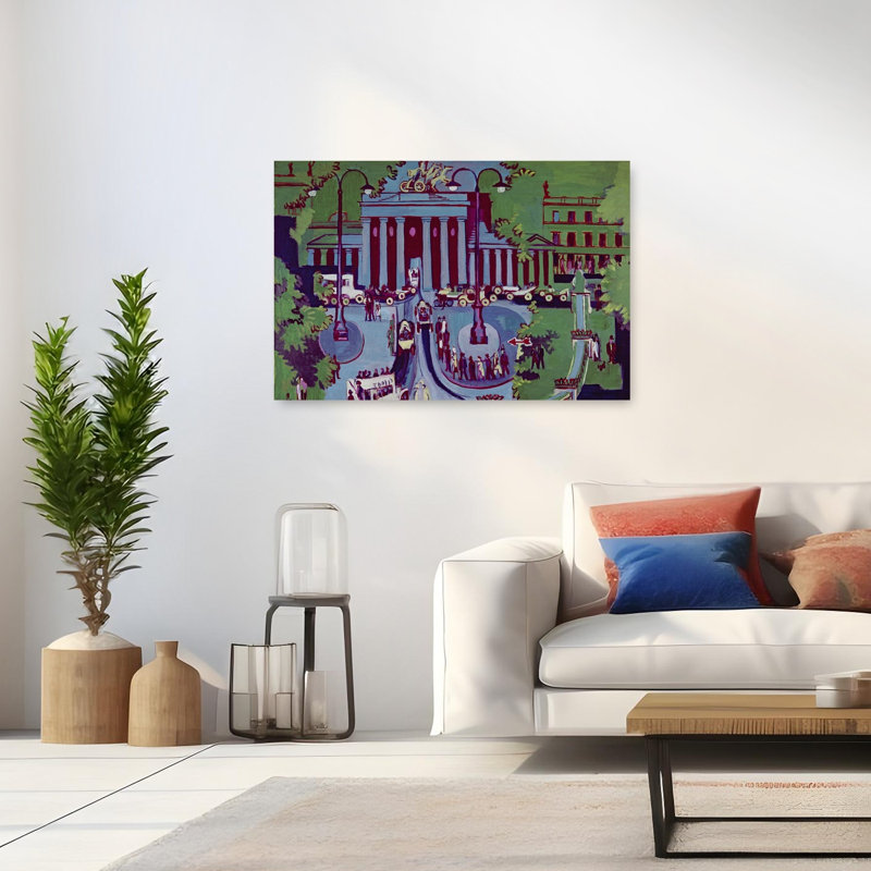 La porte de Brandebourg, Berlin, 1929. Estampe murale d'architecture urbaine contemporaine expressionniste., 32" H x 48" W
