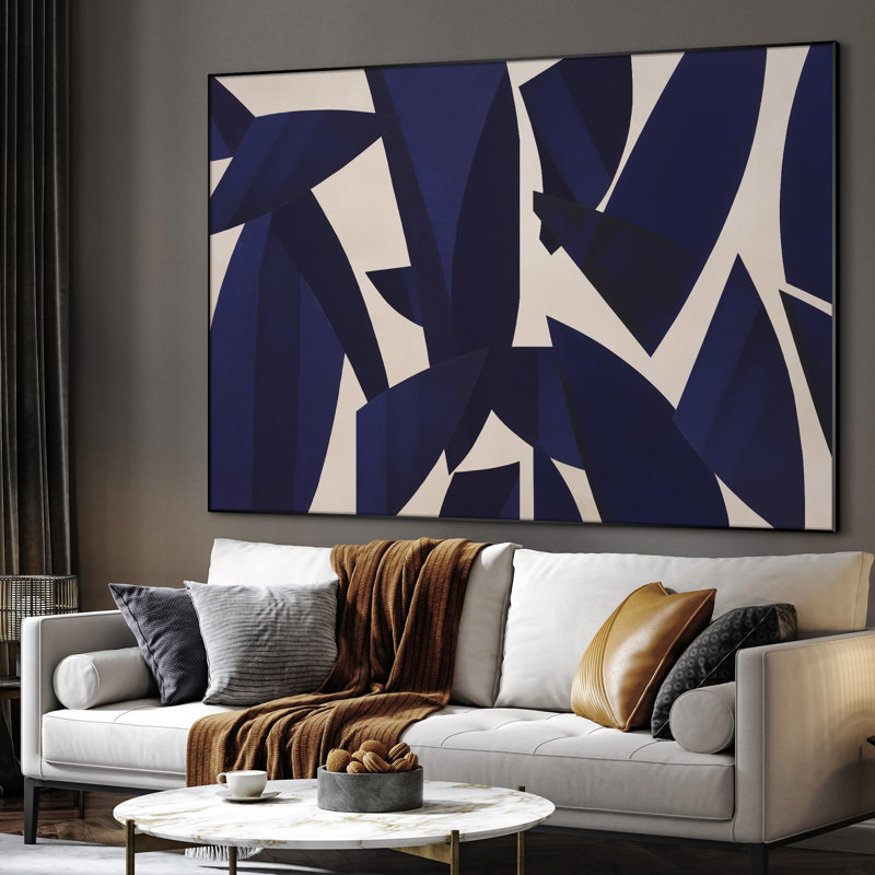 Extra Large Wall Art Fabric Print - Navy Geometric Leaf Abstract Contemporary Botanical Shapes Illustration Artwork Decor for Living Room or Bedroom - "Frame Assembly Required (Unfinished Frame)"