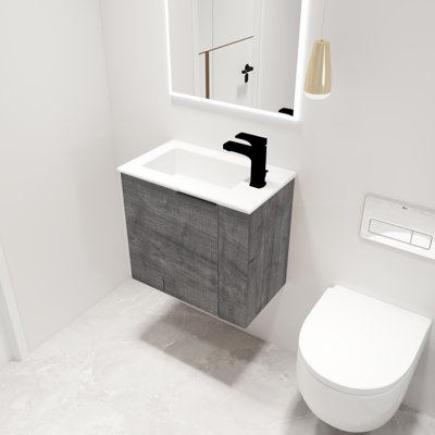 Meuble-lavabo mural simple 1 place Damariay, lavabo flottant 1 porte, comptoir en céramique blanc