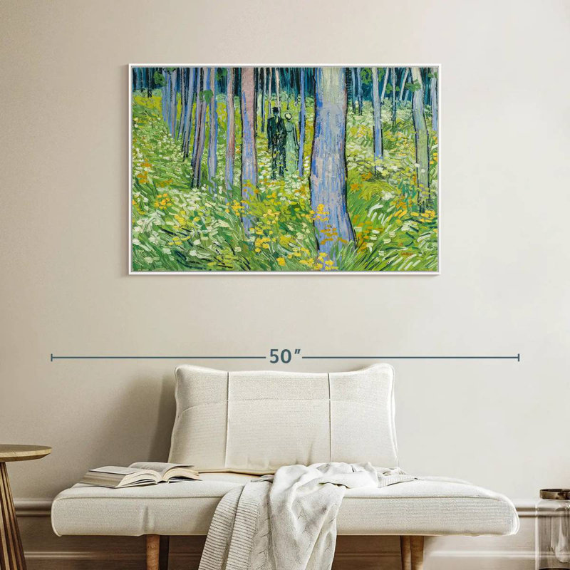 Sous-bois avec deux personnages, Cadre flottant blanc, 40 po x 27 po