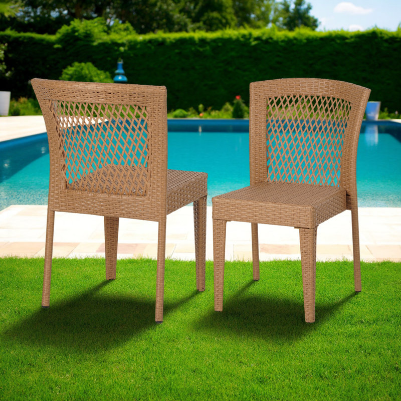 Ensemble de 2 chaises de patio d'extérieur en osier empilables avec structure en fer et dossier ouvert, Brun