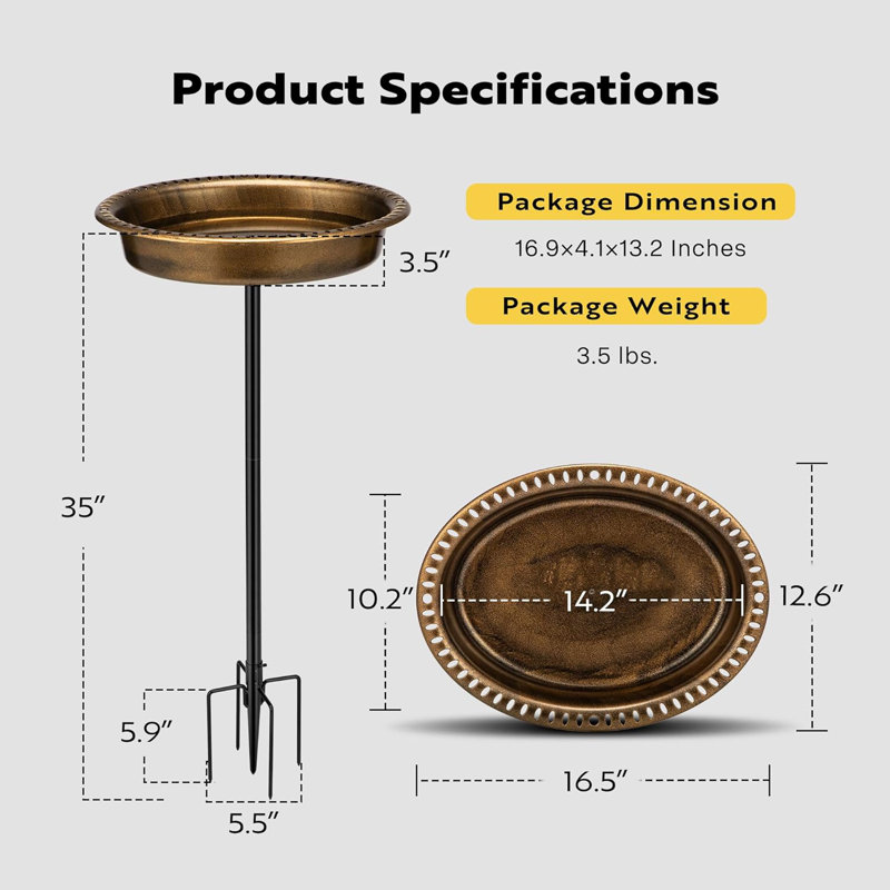 Redwan Oval Polyresin Bird Bath Bowl with Metal Stake , Gold