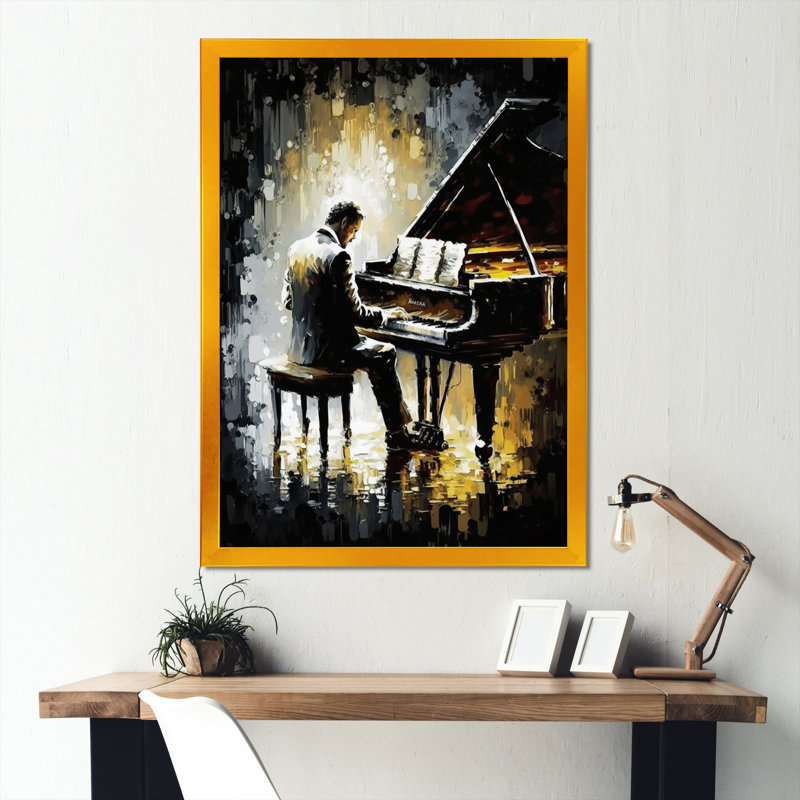 Homme jouant du piano II - musique, art mural, L 24 po x H 32 po, Impression dorée sur toile encadrée