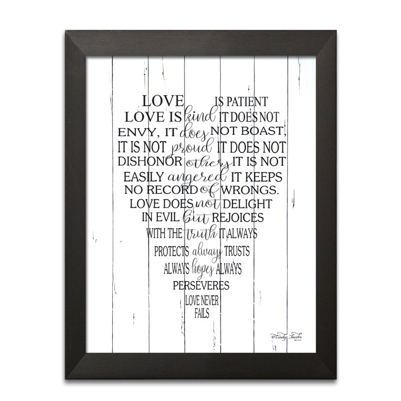 «Love is patient» par Cindy Jacobs, reproduction d'art textuel sur toile, H 16 po x l 12 po x P 0,75 po, Cadre noir