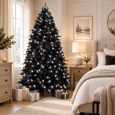 Pre-Lit Black Artificial Christmas Tree with White LED Lights, Full PE and PVC Foliage, Hinged Branches and Metal Stand