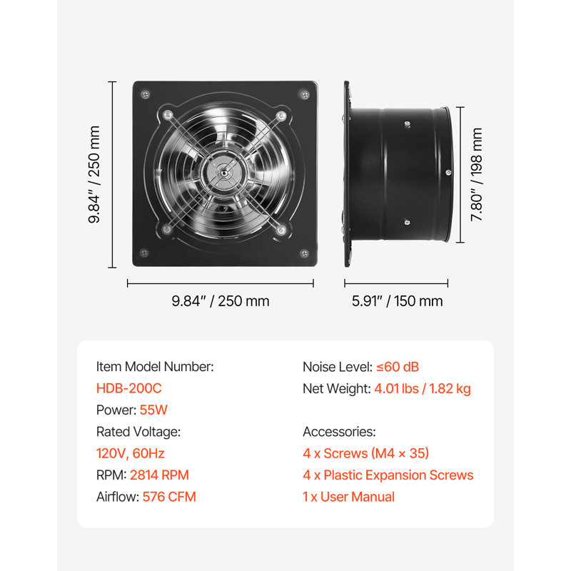 Ventilateur d'extraction mural de 20 cm (8 pouces), débit d'air élevé de 576 pi³/min (16,3 m³/min), avec commande marche/arrêt, faible consommation, extracteur d'air portable pour grenier, garage, sous-sol, atelier, cuisine, poulailler, noir.