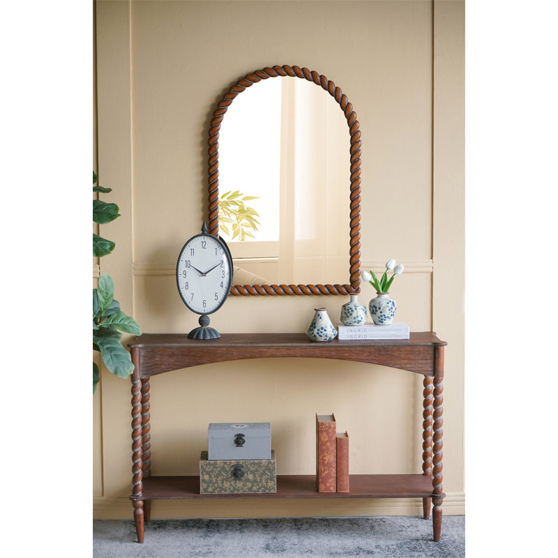 Console 47 x 14 x 30 po en bois brun rustique avec pieds en spirale tournés et tablette inférieure