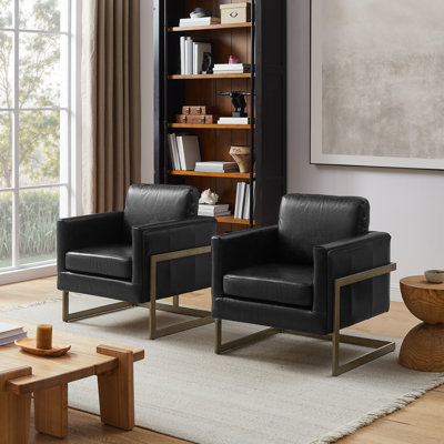 Genuine Leather Accent Arm Chair with Metal Leg(set of 2)