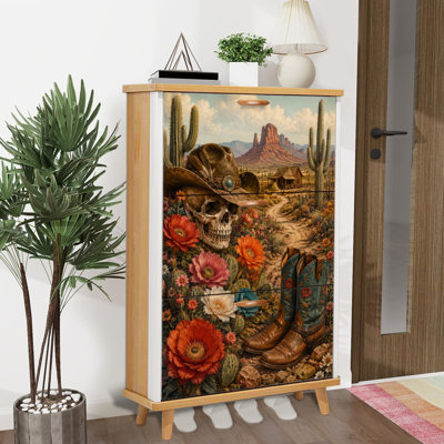 Shoe Storage Cabinet with 3 Flip Drawers for Western Desert Scene Skull Cowboy Hat Boots Cacti Bright Flowers Shoe Rack Storage Organizer