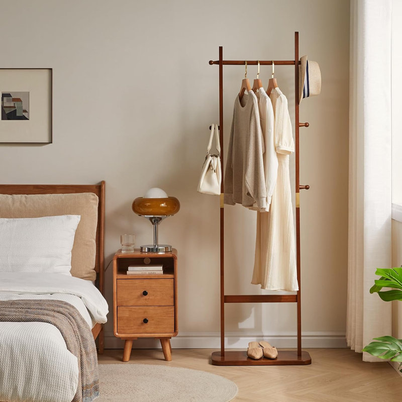 Coat Rack Tree Stand With Very Sturdy Base, Freestanding Small Clothes Rack Heavy Duty, Garment Hanging Racks For Kids And Adults, Space Saving Brown