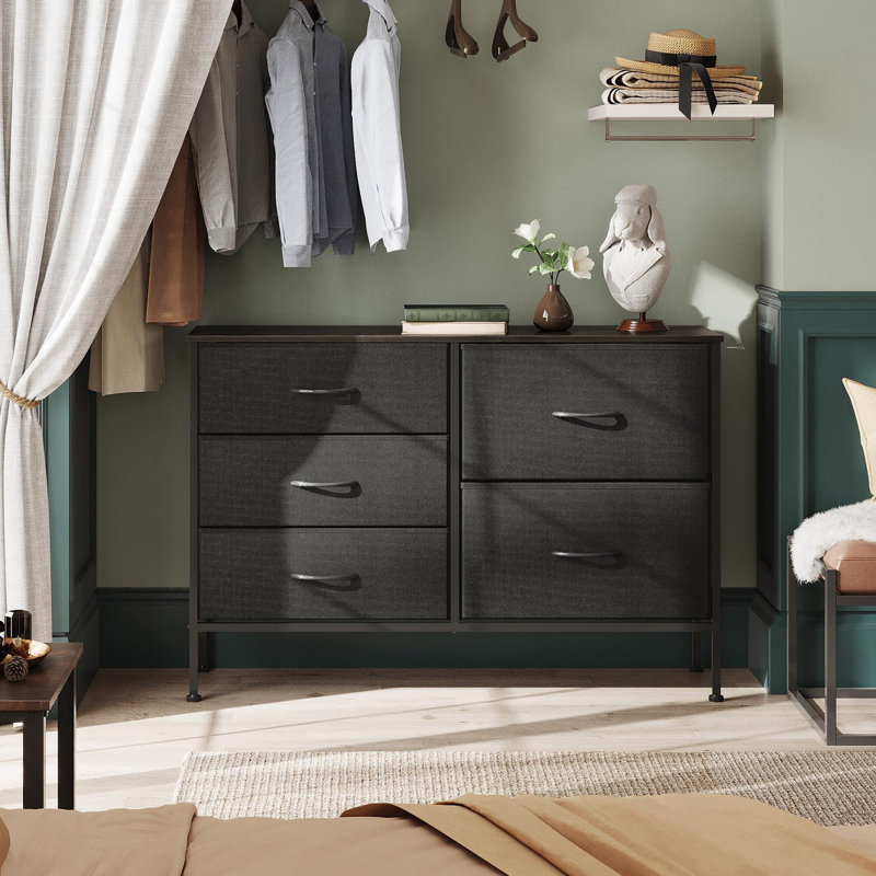 Chaseburg 39.4'' 5-Drawer Dresser With Wooden, Chest of Drawer For Bedroom, Black Dresser With Steel Frame, Black