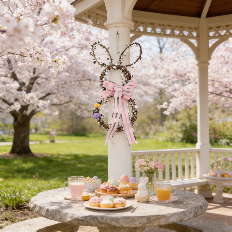 Couronne de lapin de Pâques - couronne en forme de petit lapin avec décorations d'œuf et d'arc rose, décoration de Pâques à la porte d'entrée, couronnes de printemps pour la maison et le porche