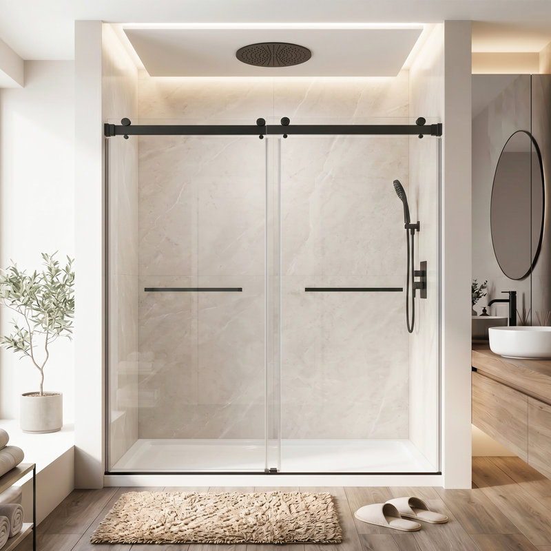 Porte de douche coulissante réglable sans cadre avec porte-serviettes, l 68 à 72 po x H 76 po, Noir mat