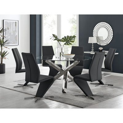 Vogo Modern Design Chrome and Glass Dining Table Set with 6 Modern Design Faux Leather Dining Chairs