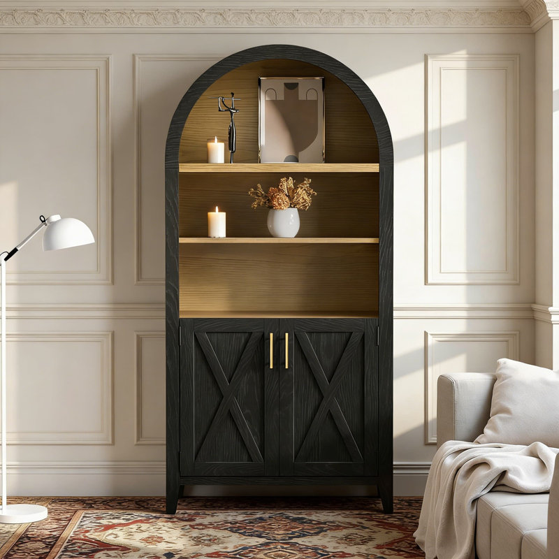 Armoire de rangement courte arquée avec portes et tablettes réglables, bibliothèque en bois à 5 niveaux pour le salon, le garde-manger et le bureau personnel