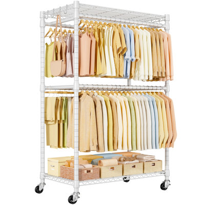 P4 Plus Rolling Clothes Rack Heavy Duty, Clothing Racks for Hanging Clothes, Free Standing Garment Racks with Wheels, Portable Closet Rack 45''W × 20.5''D × 80.5''H, Max Load 570 Lbs, White