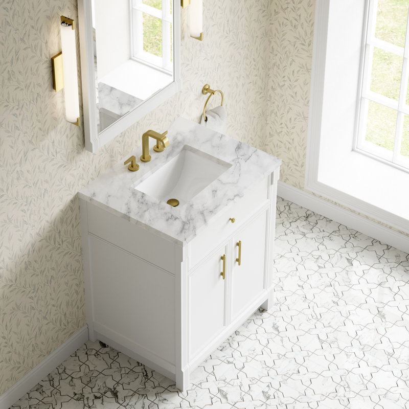 Bellshire Single Vanity w/ 3 CM Top, Bright White, Carrara Marble, 30"