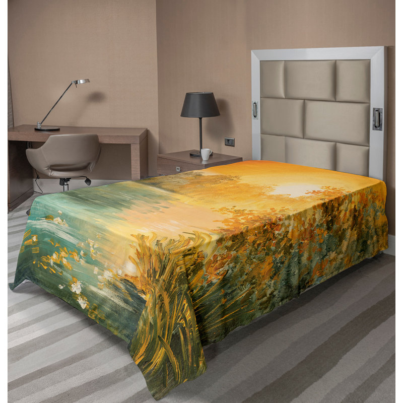 Ambesonne drap d'automne plateau plat rétro lac paysage art vert orange bleu, Drap plat pour lit simple