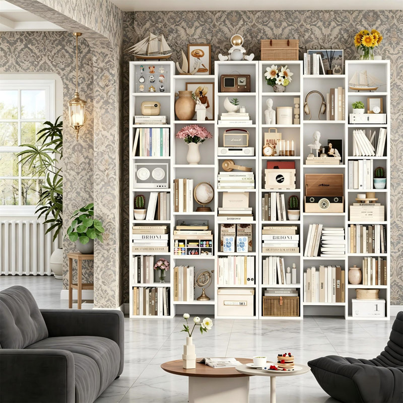 71" Tall Bookshelf, 21 Cubes, 8 Adjustable Shelves, Black/Brown, 71.06" H x 35.04" W x 9.25" D, White