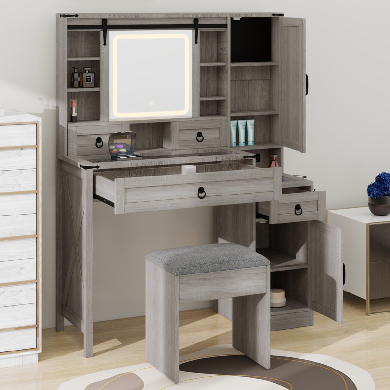 Complete Farmhouse Vanity Set with Sliding Mirror , Glass Top, Charging Station, 4 Drawers, 2 Cabinets and Matching Stool