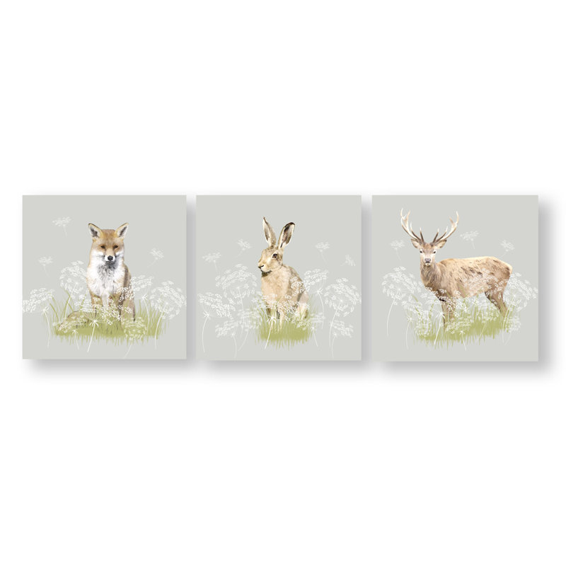 Art for the Home Set of 3 Green Woodland Animals Printed Canvas