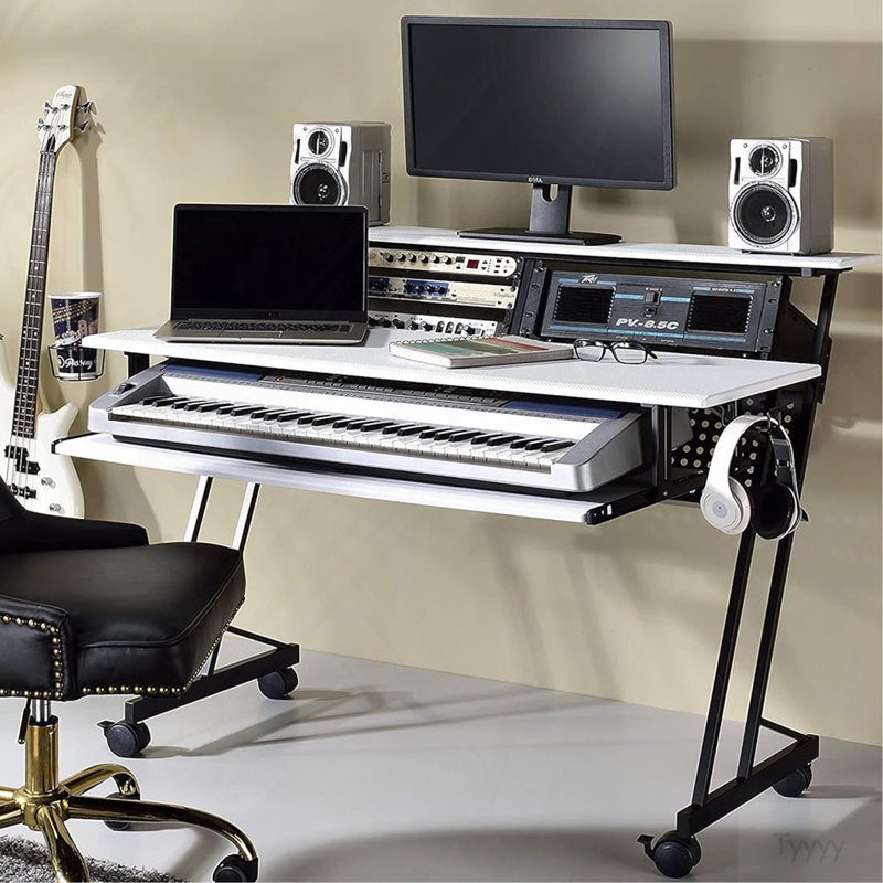 Bureau de studio de musique avec plateau à clavier, blanc et noir, White/Black