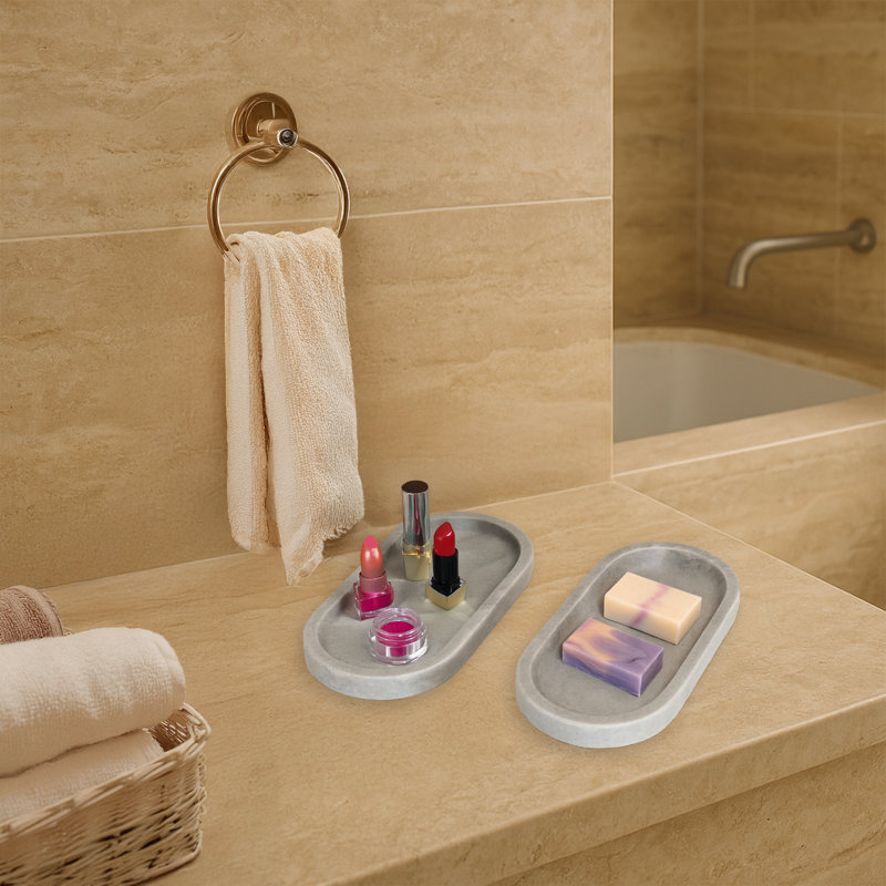 2 Pieces 100% Marble Oval Bathroom Tray Set, Gray