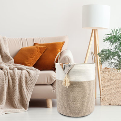 Woven Cotton Rope Laundry Basket,Rope Storage Basket(White And Brown)