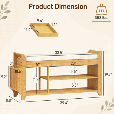 Banc de rangement pour chaussures en bambou naturel avec siège rembourré et porte-parapluie pour couloirs organisés