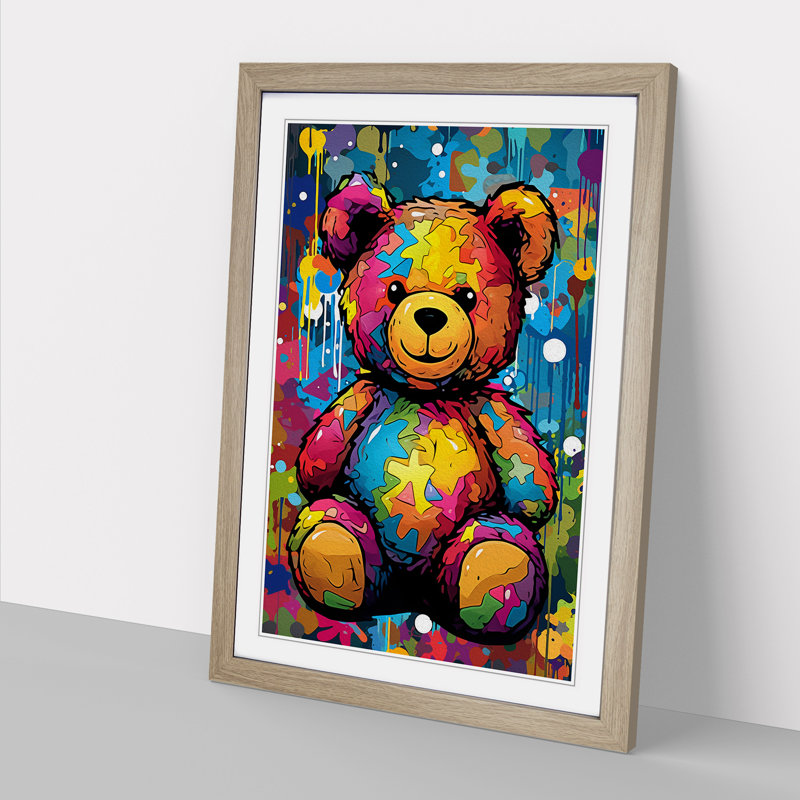XYZ-FRM-V1223-1621 Teddy Bear Pop No.2 1 Piece Single Picture Frame Wall Art, 34cm H x 25cm W x 2cm D, Oak