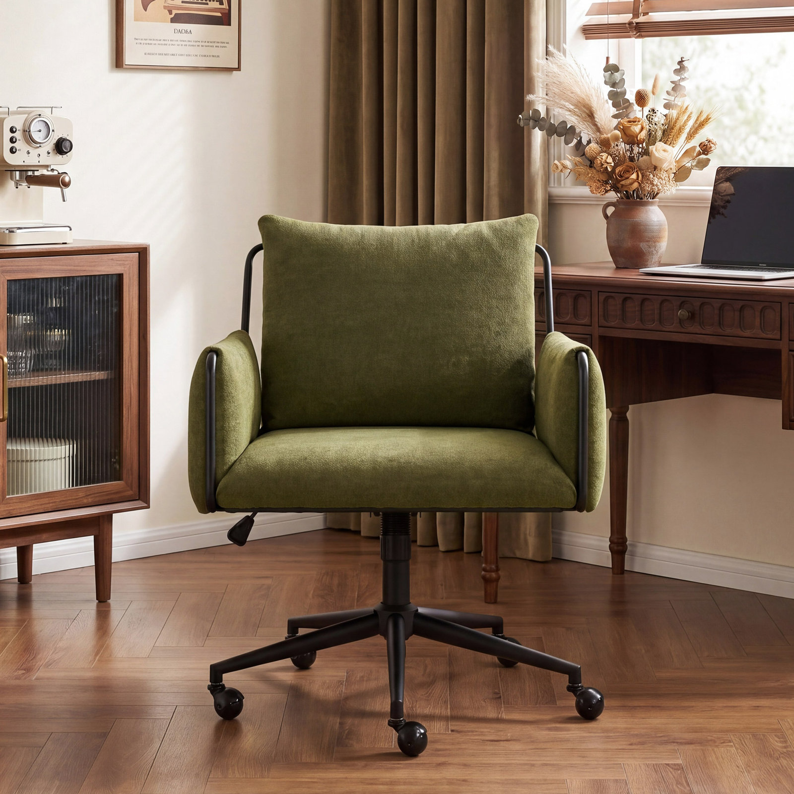 Arianna Upholstered Swivel Office Chair, Green Seat/ Black Frame
