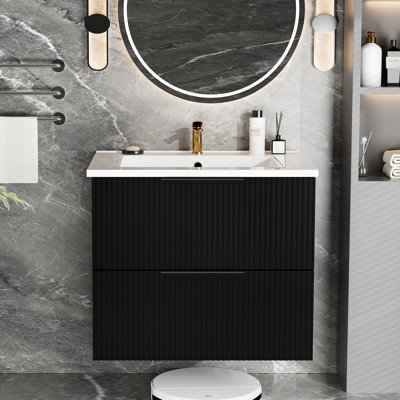 Meuble-lavabo flottant mural 24 po avec lavabo et tiroirs en céramique, conception multicouche, matériau de fonction de tiroir silencieux, fermeture