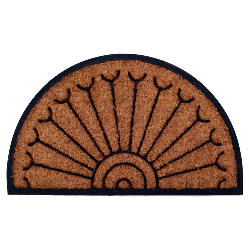 18" X 30" Beige and Black Rubber and Coir Outdoor Semi Circle Door Mat