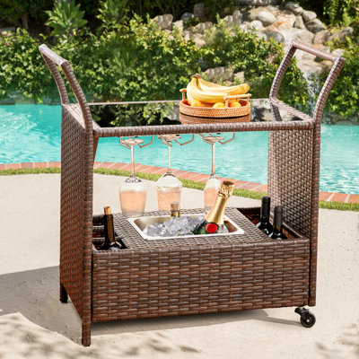 Colbee Outdoor Wiker Bar Cart on Wheels with Cooler Wine Glass Holders
