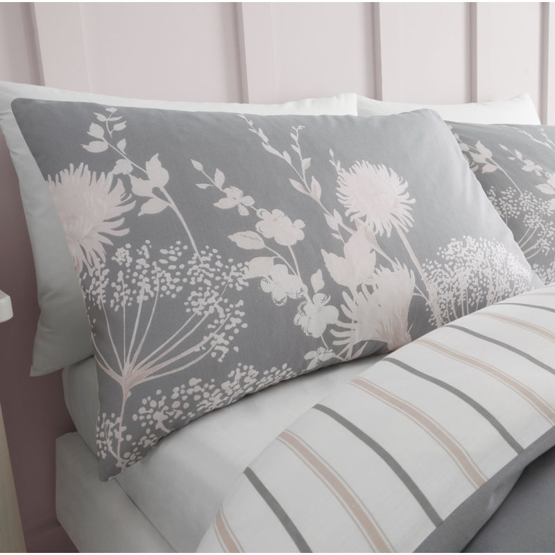 Meadowsweet Floral Reversible Duvet Cover Set with Pillowcases, King Duvet Cover + 2 Standard Pillowcases, Pink/Grey