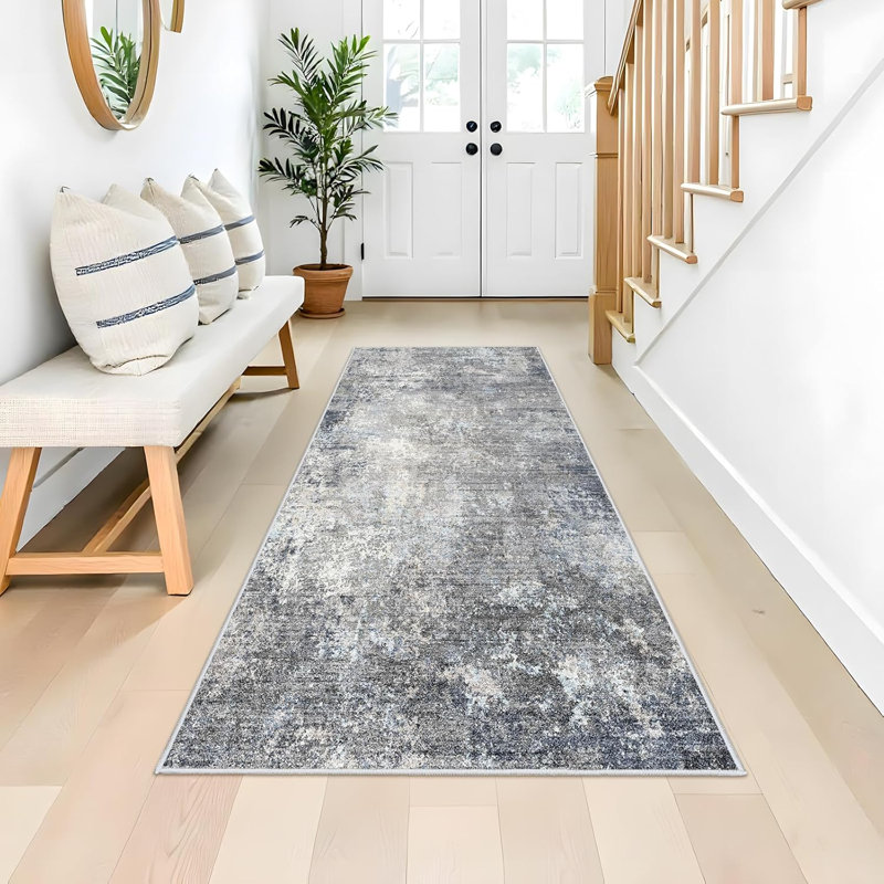 Long Hallway Rug – Non-Slip Washable Kitchen Floor Rug with Rubber Backing, Modern Low Pile Thin Wide Carpet for Bedroom, Entryway Indoor