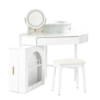 Corner Makeup Vanity Desk With Adjustable Folding Mirror, 3-color Led Lighting, Adequate Storage And Stool