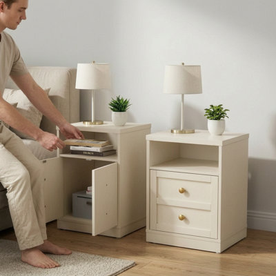 Ensemble de 2 tables de chevet en bois beige – Table d'appoint moderne de 40 cm avec porte, étagère et faux tiroirs