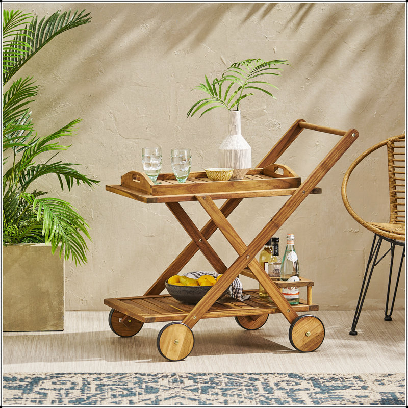 Chariot-bar Riviera en bois d'acacia durable, espace de rangement spacieux et mobilité facile pour des réceptions polyvalentes à domicile
