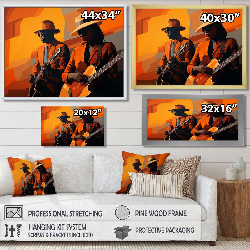 «Jazz Duo Minimal Orang Two Guitars Retro», reproduction d'art mural musicien, Toile avec cadre flottant brun