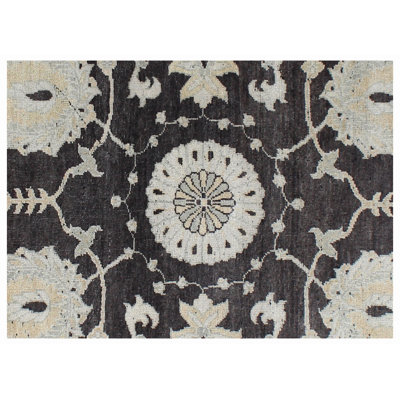 Hand-Knotted Charcoal & Ivory Oushak Wool Area Rug – Traditional Floral Medallion Design, Vintage Oriental Style Carpet for Living Room & Bedroom