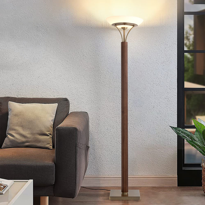 Tambo Torchiere Floor Lamp - Dark Walnut Wood Finish, Weathered Brass, Dimmer, Dark Walnut