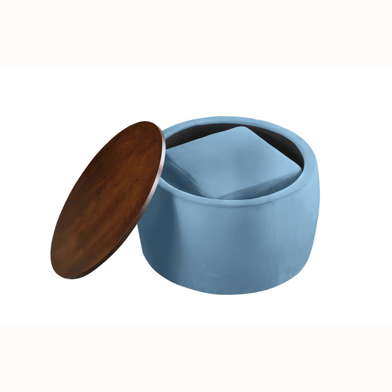 Suyeko 13.58" Wide Velvet Round Storage Ottoman, Blue Velvet