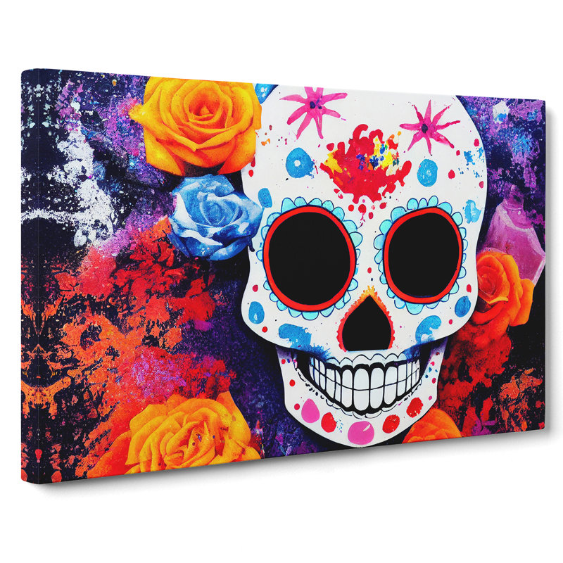 Flowing Floral Sugar Skull - Wrapped Canvas, 40cm H x 60cm W x 3cm D