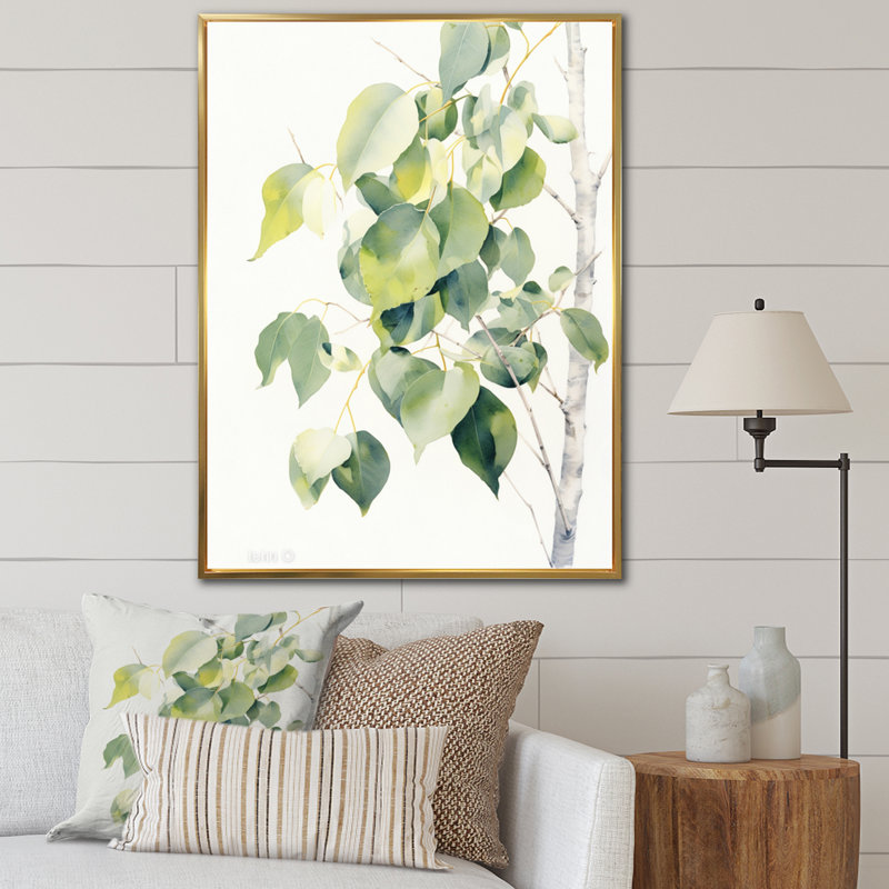 «White Green Minimalisme Eucalyptus Essence» sur toile, Cadre flottant doré, H 32 po x l 16 po x P 1,5 po