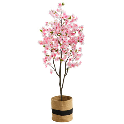 Faux cerisier en fleurs 72 po dans un panier en coton