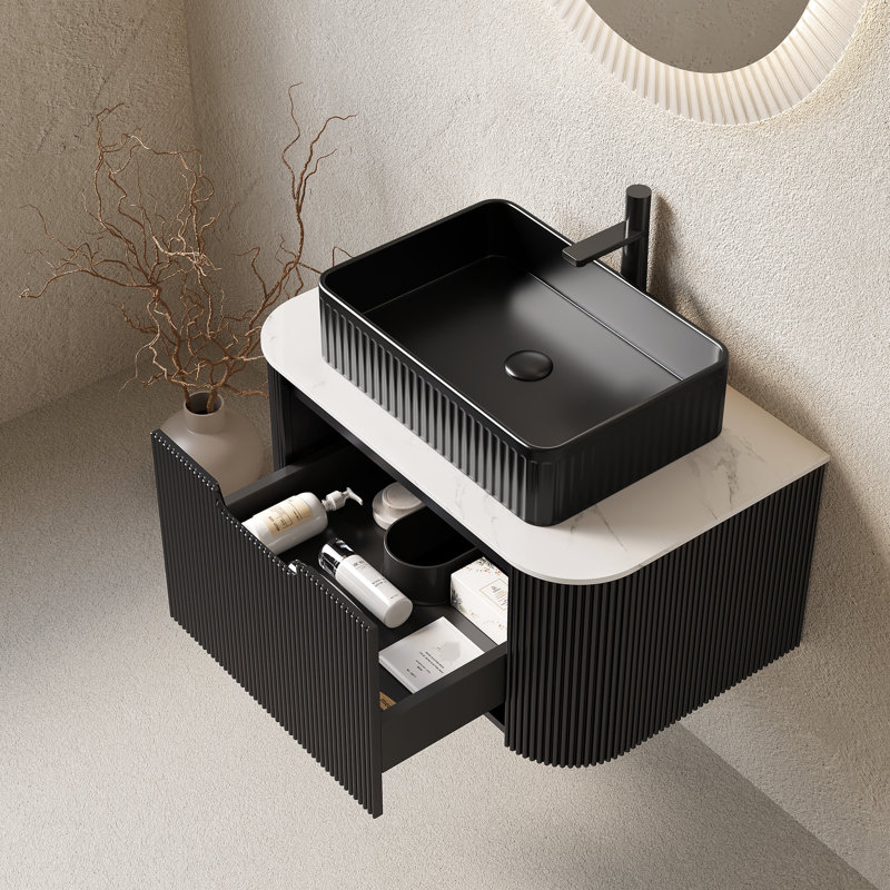 Meuble-lavabo moderne de 30 po avec lavabo, tiroir, lavabo en céramique noire, sans robinet, pré-assemblé, trois finitions à rayures 3D, contreplaqué, système de rangement à fermeture en douceur,