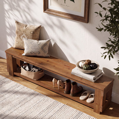 70.8" Solid Wood Brown Storage Bench with Open Shelf, Farmhouse Entryway Bench for Hallway, Bedroom