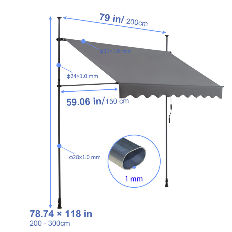 Auvent rétractable manuel pour terrasse Canopee, H 118,11 po x l 78,74 po x P 59 po, Gris